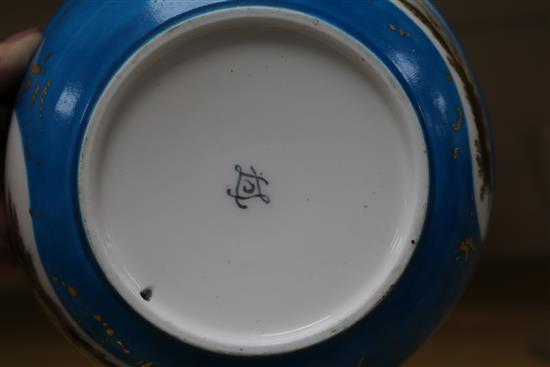 A Sevres style bleu celeste ornithological bowl, diameter 16.5cm